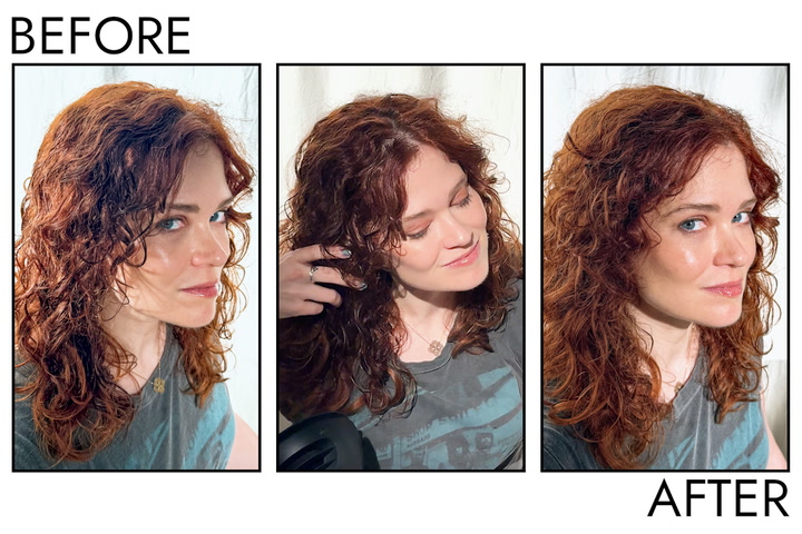 7 Best Hair Dryers for Curly Hair—Byrdie Editor-Tested in 2025 22 Site Loop: Person's Hair Before and After Using Dyson Nural Hair Dryer
