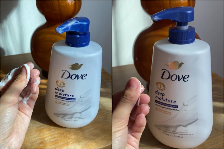 8 Best Body Washes for Dry Skin of 2025, Tested 19 Site Loop: Person using Dove beauty deep moisture body wash.