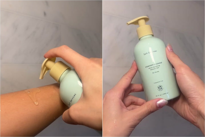 8 Best Body Washes for Dry Skin of 2025, Tested 25 Site Loop: Person using Soft Services comfort cleanse ultra soothing shower gel.